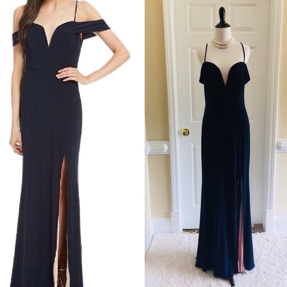 Dark Navy Off the Shoulder Side Slit Formal Dress - Picture 2 of 13